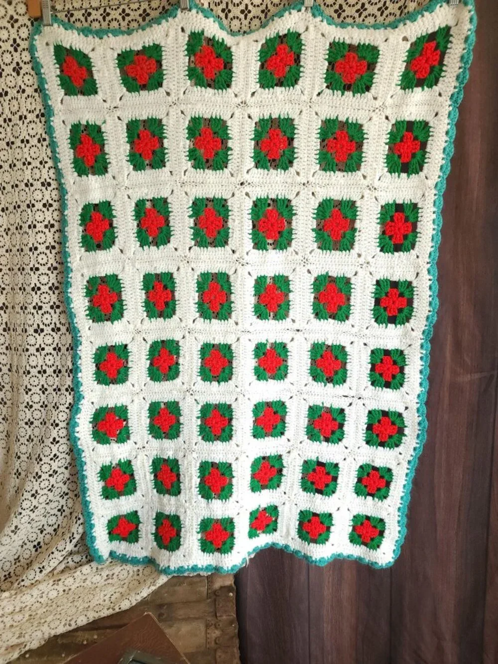 Vintage 1970s Afghan, Granny Square Crochet Lap Blanket, Red Green White Poinset